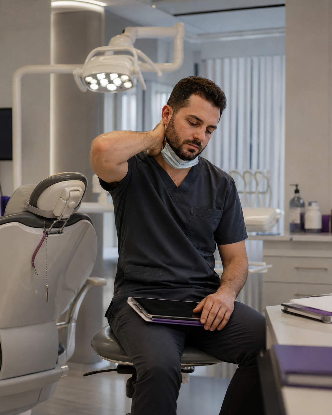 Dentist i lodhur pas një dite pune në klinikën dentare