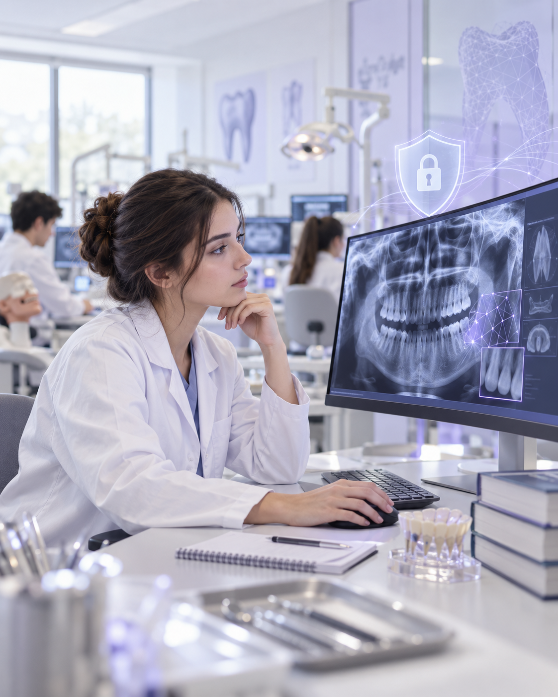 Studente e stomatologjisë duke analizuar një radiografi dentare me teknologji AI dhe mbrojtje dixhitale të të dhënave.