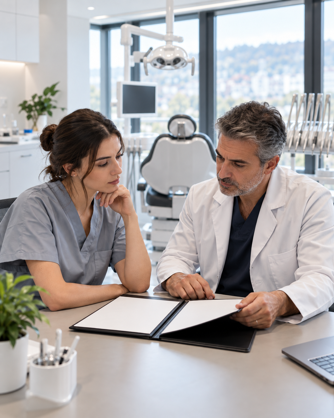 Dentist i ri dhe drejtues klinike diskutojnë në një ambient dentar